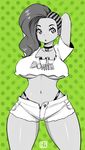  :o alternate_costume arms_behind_head arms_up asymmetrical_hair breasts breasts_apart cleavage clothes_writing cornrows crop_top green_background highres huge_breasts kenron_toqueen laura_matsuda looking_at_viewer monochrome navel no_bra open_fly portuguese short_shorts shorts solo stomach street_fighter street_fighter_v thigh_gap thong translated underboob 