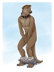  anthro blush clothed clothing collar covering covering_crotch eclipsewolf embarrassed fangs forced_nudity grey_eyes humanoid_penis hybrid jon_sanders male mammal mustelid nude otter pants_down pantsing partially_clothed penis sabertooth_(feature) solo 