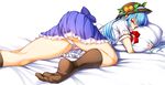  bangs bed_sheet black_legwear blue_hair blue_skirt breasts covered_mouth feet food frilled_skirt frills from_behind from_below fruit hat hat_ribbon highres hinanawi_tenshi kneehighs kyokucho leaf long_hair looking_at_viewer lying medium_breasts miniskirt no_shoes on_bed on_stomach panties pantyshot pantyshot_(lying) peach pillow pillow_hug pleated_skirt red_eyes ribbon shirt short_sleeves skirt soles solo striped striped_panties toes touhou underwear upskirt white_shirt 