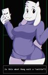  anthro big_breasts black_eyes bottomless breasts camel_toe caprine cellphone clothed clothing english_text female goat horn looking_at_viewer mammal mature_female panties phone ritsbits selfie smile solo sweater text thick_thighs toriel undertale underwear upskirt video_games 