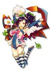  ;d ar_nosurge armpits arms_up blue_footwear brown_eyes clenched_hands covered_navel detached_sleeves fang flower highres long_hair nayaflask ntny official_art one_eye_closed open_mouth purple_hair shoes side_ponytail silhouette smile solo striped striped_legwear surge_concerto thighhighs v-shaped_eyebrows white_background 
