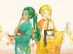  ayakami blonde_hair dark_skin eating floral_print furisode green_eyes green_hair green_kimono hair_ornament japanese_clothes kimono long_hair looking_at_viewer multiple_girls original ponytail standing yellow_eyes yellow_kimono 