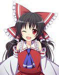  ;d ascot bare_shoulders black_hair bow detached_sleeves hair_bow hair_tubes hakurei_reimu one_eye_closed open_mouth red_eyes shefu smile solo touhou white_background 