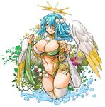  blue_hair blush breasts highres large_breasts long_hair looking_at_viewer navel sachito simple_background smile solo thick_thighs thighs white_background wings yellow_eyes 