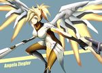  absurdres blonde_hair blue_background bodysuit breasts character_name dual_wielding gloves green_eyes gun hair_over_one_eye handgun high_ponytail highres holding large_breasts leaning_forward light_smile long_hair looking_at_viewer mechanical_halo mechanical_wings mercy_(overwatch) murasaki_tachi overwatch pantyhose pistol ponytail simple_background solo spread_wings staff weapon wings yellow_wings 