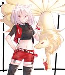  animal_ears belt black_shirt crop_top cropped_jacket fox fox_ears fox_tail gen_1_pokemon hair_between_eyes hand_on_hip highres kemonomimi_mode looking_at_viewer multiple_tails navel ninetales original poke_ball poke_ball_print pokemon pokemon_(creature) purple_hair red_shorts shirt short_hair short_sleeves shorts suzunari_arare tail yuki_arare 