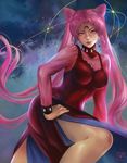  bishoujo_senshi_sailor_moon black_lady breasts chibi_usa cleavage crystal_earrings double_bun dress earrings hand_on_hip jewelry large_breasts long_hair pink_dress pink_eyes pink_hair sky solo star_(sky) starry_sky twintails very_long_hair washuu watermark 