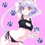  2016 animal_humanoid armpits big_breasts black_bottomwear black_clothing black_panties blush bra breasts cat_humanoid cat_lingerie cat_tail cleavage_cutout clothed clothing cute_fangs embarrassed feline female grey_hair hair hand_behind_head humanoid hunter_x_hunter lingerie mammal nail_varnish navel neferpitou open_mouth panties pattern_background purple_background raised_arm short_hair simple_background small_breasts solo sweat underwear yellow_eyes 