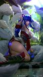  ahri animal_ears arm_support armpits artstation_sample blue_eyes blue_hair boots braid breasts c-a-t_c-a-t closed_mouth detached_sleeves facial_mark fox_ears fox_tail highres image_sample knee_boots korean_clothes league_of_legends long_hair looking_at_viewer low_neckline multiple_tails outdoors panties pantyshot pantyshot_(sitting) plant realistic sitting solo tail twitter_username underwear very_long_hair water water_drop watermark white_panties 