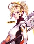  armor bangs blonde_hair blue_eyes bodysuit breastplate breasts character_name closed_mouth headgear holding holding_staff holding_weapon large_breasts lips long_hair looking_at_viewer mechanical_halo mechanical_wings mercy_(overwatch) overwatch ponytail simple_background solo staff turtleneck upper_body weapon white_background wing_print wings 