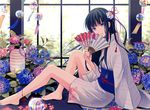  anko_kinako ball barefoot black_hair blue_eyes fan flowers headdress japanese_clothes jpeg_artifacts long_hair original ribbons yukata 