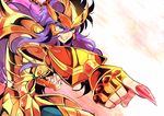  armor attack blue_eyes fingernails full_armor gold_armor gold_saint grin katori_(katokichi) long_hair male_focus nail_polish pointing purple_hair red_nails saint_seiya scorpio_milo sharp_fingernails smile solo sparkle 