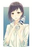  black_hair bottle brown_eyes furukawa_wanosuke hair_ornament hairclip looking_at_viewer open_mouth original simple_background smile solo water_bottle 