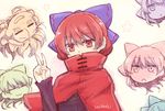  bow cape character_name dra hair_bow hidden_mouth multiple_heads nukekubi red_eyes red_hair sekibanki solo touhou v 