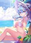  beach beach_towel bird blue_eyes blue_hair breasts censored cloud cloudy_sky covered_nipples covering day drinking food from_side fruit grapes hair_ornament hat light_particles light_rays looking_at_viewer medium_breasts nude ocean outdoors palm_tree pineapple re:zero_kara_hajimeru_isekai_seikatsu rem_(re:zero) sideboob sitting sky solo summer sun_hat thighs towel towel_around_neck tree watermelon white_hat x_hair_ornament xc_(lingshi_mi_zhi) 