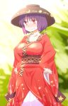  :3 alternate_breast_size blush bowl breasts collarbone cowboy_shot dra hands_on_hips japanese_clothes kimono large_breasts purple_hair red_eyes smile solo sukuna_shinmyoumaru touhou wavy_mouth wide_sleeves 