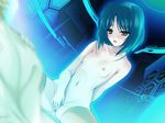  1girl arm_behind_back aura blue_background blue_hair blurry breasts censored clothed_female_nude_male daiteikoku depth_of_field dutch_angle eyebrows eyebrows_visible_through_hair eyes fingering fingers flat_chest game_cg hand_on_own_chest hands head_tilt hetero indoors looking_at_another masturbation mosaic_censoring navel nipples nude onigirikun open_eyes open_mouth orange_hair orange_legwear out_of_frame ozawa_matsuri pussy short_hair solo_focus space spread_legs stomach straddling text_focus thighhighs tougou_tsuyoshi yellow_eyes 