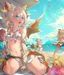 3girls abs aqua_hair bandages bare_shoulders barefoot beach belt bikini blonde_hair blue_eyes blush breasts bunny claws closed_eyes cloud commentary_request day dragon_girl dragon_horns dragon_tail dragon_wings flower food front-tie_top fruit gadius_(p&amp;d) hair_flower hair_ornament highres horns jewelry kurokitsune_(float0108) laughing long_hair multiple_girls muscle myr_(p&amp;d) navel ocean open_mouth outdoors plumeria purple_hair puzzle_&amp;_dragons running sand saria_(p&amp;d) shirtless short_hair sitting sky small_breasts smile swimsuit tail tears twintails venus_(p&amp;d) water watermelon white_bikini wings 