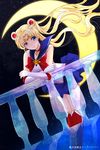  bishoujo_senshi_sailor_moon blonde_hair blue_eyes blue_sailor_collar blue_skirt boots choker circlet copyright_name crescent crescent_earrings crescent_moon crossed_arms double_bun dutch_angle earrings elbow_gloves gloves greedlinn hair_ornament highres jewelry knee_boots leaning_forward long_hair miniskirt moon night night_sky pleated_skirt railing red_choker red_footwear sailor_collar sailor_moon sailor_senshi_uniform skirt sky smile solo star_(sky) starry_moon starry_sky tsukino_usagi twintails very_long_hair white_gloves 