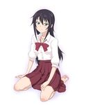  amaama_to_inazuma bad_id bad_pixiv_id barefoot black_hair blush bow dress_shirt feet full_body green_eyes highres iida_kotori long_hair looking_at_viewer pleated_skirt school_uniform seiza shirt sitting skirt smile solo souji_kurokawa 