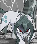  blue_eyes cave cloudy_quartz_(mlp) crouching cutie_mark daughter duo ears_back equine female feral friendship_is_magic fur grey_fur grey_hair hair horse lightning looking_at_viewer mammal marble_pie_(mlp) mother mother_and_daughter multicolored_hair my_little_pony parent pencils_(artist) pony red_eyes rock scowl two_tone_hair 