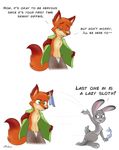  2016 absurd_res ambris anthro armpits black_nose bra breasts buckteeth canine clothed clothing dialogue dipstick_tail disney duo english_text female fox fur gloves_(marking) green_eyes grey_fur hi_res judy_hopps lagomorph male mammal markings multicolored_fur multicolored_tail nick_wilde open_mouth panties pants pink_nose purple_eyes rabbit shirt simple_background teeth text tongue underwear white_background zootopia 