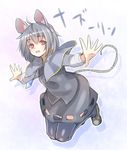  animal_ears black_footwear black_legwear capelet character_name full_body gem grey_hair grey_skirt grey_vest jewelry jumping long_sleeves mouse_ears mouse_tail nazrin open_mouth ototobe outline outstretched_arms red_eyes shirt short_hair skirt skirt_set solo tail thighhighs touhou vest white_shirt 