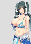  bikini blue_bikini blue_eyes blue_hair blush breasts cleavage collarbone floral_print hair_ribbon heavy_breathing isuzu_(kantai_collection) kantai_collection kisaragi_nana large_breasts long_hair navel open_mouth ribbon sarong simple_background solo sweat swimsuit twintails 