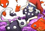  bad_id bad_twitter_id blue_eyes blue_hair commentary_request doremy_sweet dream_soul fish goldfish hat kan_(aaaaari35) lying nightcap pom_pom_(clothes) short_hair smile solo tail tapir_tail touhou white_background 