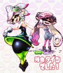  aori_(splatoon) ass bike_shorts dress from_behind full_body gloves highres hotaru_(splatoon) multiple_girls one_eye_closed pantyhose sharp_teeth splatoon_(series) splatoon_1 teeth white_gloves yakibuta_(shimapow) 