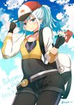  artist_name bag baseball_cap belt belt_buckle between_fingers black_gloves black_shorts blue_eyes blue_sky buckle character_name closed_mouth cloud collarbone copyright_name cosplay covered_navel cowboy_shot day female_protagonist_(pokemon_go) female_protagonist_(pokemon_go)_(cosplay) fingerless_gloves gloves hand_on_headwear handbag hat hibiki_(kantai_collection) holding kantai_collection leggings long_sleeves outdoors over_shoulder poke_ball poke_ball_print pokedex pokemon pokemon_go shorts sidelocks skin_tight sky smile solo standing sune_(mugendai) translated twitter_username 