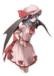  :o arm_garter ascot bat_wings blue_hair brooch cowboy_shot fang frilled_shirt_collar frills from_side hands_on_hips hat hat_ribbon highres jewelry leaning_forward looking_away mob_cap no-kan pink_shirt pink_skirt puffy_short_sleeves puffy_sleeves red_eyes red_ribbon remilia_scarlet ribbon sash shirt short_sleeves skirt skirt_set solo touhou v-shaped_eyebrows white_background wings wrist_cuffs 