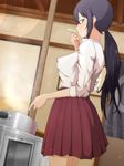  amaama_to_inazuma black_hair blue_eyes cooking covered_nipples dutch_angle from_side highres iida_kotori long_hair looking_at_viewer looking_back low_ponytail oshiza pleated_skirt ponytail pot school_uniform sidelocks skirt sleeves_rolled_up solo steam tasting 