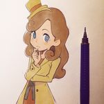  blue_eyes blush_stickers brown_hat brown_jacket buttons closed_mouth curly_hair dress finger_to_mouth hat ilya_kuvshinov jacket katrielle_layton layton's_mystery_journey light_brown_hair long_hair long_sleeves mini_hat mini_top_hat paper pen photo professor_layton red_dress smile solo thinking top_hat traditional_media upper_body 