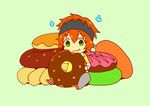  344_(prismlink) chibi doughnut eating food green_background green_eyes idolmaster idolmaster_side-m male_focus miniboy orange_hair simple_background sitting solo sweatband wakazato_haruna 