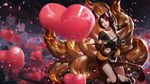  2016 ahri alternate_costume animal_ears artist_name artstation_sample blown_kiss breasts brown_hair choker cleavage feihong_chen fox_tail foxfire_ahri heart highres image_sample league_of_legends nail_polish red_nails side_cutout solo standing tail watermark 