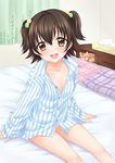  :d akagi_miria bed black_hair blush brown_eyes hair_ornament idolmaster idolmaster_cinderella_girls no_bra no_pants on_bed open_mouth ozaki_mirai pajamas panties pantyshot pink_panties plaid plaid_panties red_panda short_hair sitting smile solo striped striped_pajamas stuffed_animal stuffed_toy tissue_box two_side_up underwear 