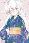  anabone closed_mouth expressionless grey_eyes japanese_clothes kimono long_hair long_sleeves obi original sash simple_background solo standing white_hair yukata 