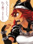 1girl animal_hat braid breasts collar dark_skin detached_sleeves fang frills hat long_sleeves lupusregina_beta maid overlord_(maruyama) puffy_sleeves red_hair simple_background solo translation_request twin_braids yang-do yellow_eyes 