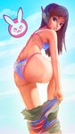  alberto_moldes ass bangs bikini blue_bikini blue_sky bodysuit breasts brown_eyes brown_hair clothes_writing cowboy_shot d.va_(overwatch) day doritos emblem facial_mark from_behind headphones leaning_forward long_hair looking_at_viewer looking_back medium_breasts outdoors overwatch parted_lips pilot_suit product_placement sky smile solo swept_bangs swimsuit undressing whisker_markings 
