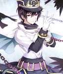  344_(prismlink) belt black_hair chain chiruhatote cowboy_shot earrings gloves jewelry looking_at_viewer male_focus merc_storia red_eyes smile solo white_gloves 