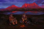  2016 anthro black_fur black_nose brown_fur campfire canine clothed clothing clouded_leopard detailed_background digital_media_(artwork) digital_painting_(artwork) duo eating eyes_closed fangs feline fire food footwear fox fur grass holding_object hoodie lake landscape male mammal mountain multicolored_fur open_mouth outside pants plate racoonwolf rock shoes signature sitting sky smile spots traditional_media_(artwork) watch white_fur yellow_fur 