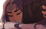  blue_lipstick brown_hair cinnabarbie close-up cyborg dark_skin eyebrows forehead_jewel hair_grab implied_sex lipstick makeup mechanical_arm multiple_girls overwatch pharah_(overwatch) sweat symmetra_(overwatch) thick_eyebrows yuri 