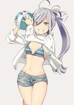  asashimo_(kantai_collection) ball beachball bikini bikini_top grey_eyes grey_hair grin hair_over_one_eye highres holding jacket kantai_collection long_hair long_sleeves looking_at_viewer navel open_clothes open_jacket short_shorts shorts simple_background smile solo standing striped striped_bikini swimsuit teeth ume_(plumblossom) 