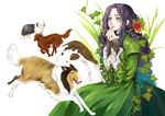  29tarou black_hair blue_eyes dog dress flower howl's_moving_castle_(novel) leaf lettie_hatter long_hair plant vines 