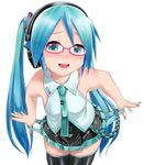  1girl aqua_eyes aqua_hair blush glasses hatsune_miku headphones highres kazu-chan looking_at_viewer nail_polish necktie open_mouth panties pleated_skirt skirt solo striped_panties thighhighs transparent_background twintails very_long_hair vocaloid 