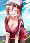  amamitsu_kousuke baseball_cap belt blurry blush breasts brown_hair cleavage closed_eyes day depth_of_field female_protagonist_(pokemon_go) hair_between_eyes hat heavy_breathing hot large_breasts leaning_forward leggings long_hair outdoors pokemon pokemon_go ponytail see-through solo sweat wavy_mouth wet wet_clothes 