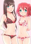  aqua_eyes bangs black_hair blunt_bangs blush bra breasts cleavage food_print hair_ornament hairclip highres kurosawa_dia kurosawa_ruby long_hair looking_at_viewer love_live! love_live!_sunshine!! matching_outfit matching_underwear mikawa_miso multiple_girls navel no_mole panties print_panties red_hair short_hair siblings sisters strawberry_panties strawberry_print twintails two_side_up underwear underwear_only 