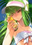  ;o artist_name bare_arms bare_shoulders bikini blue_sky blush bottle bow breasts c.c. code_geass collarbone creayus day green_hair hat head_tilt holding holding_bottle long_hair looking_at_viewer medium_breasts one_eye_closed palm_tree parted_lips plant sky solo strapless strapless_bikini summer swimsuit tree underboob upper_body very_long_hair visor_cap white_bikini white_bow white_hat yellow_eyes 