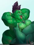  areola armpits biceps big_breasts breasts dieselbrain fangs female green_skin humanoid male male/female mohawk muscular muscular_female not_furry nude orc penis scar sex titfuck tongue tongue_out 